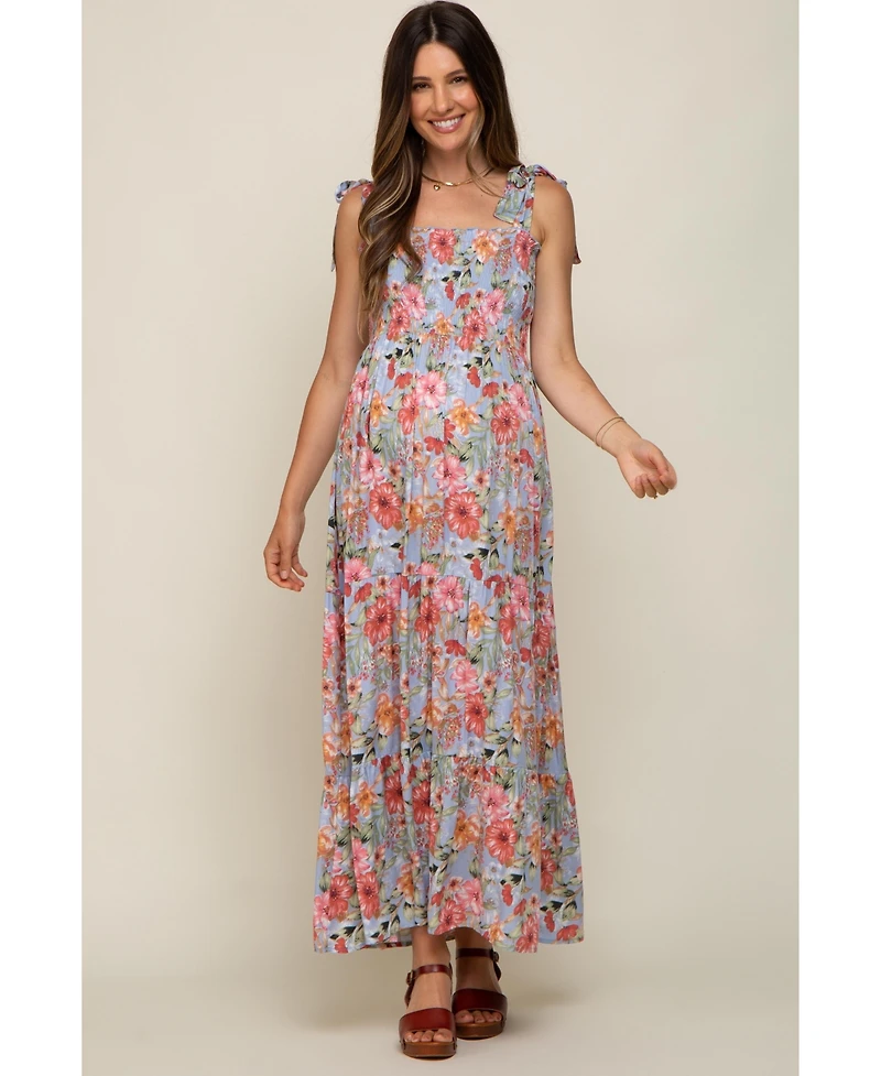 Pinkblush Maternity Light Blue Floral Smocked Shoulder Tie Tiered Maxi Dress