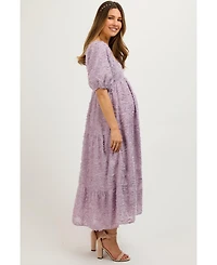 Pinkblush Maternity Lavender Fringe Textured Short Puff Sleeve Midi Dress