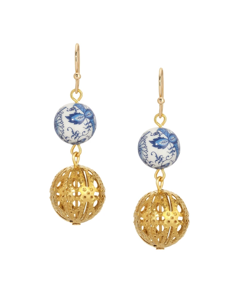 2028 Gold Tone Blue Willow Bead Drop Earrings