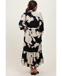 Pinkblush Maternity Black Floral Print Cinched Tie Waist Shirt Dress