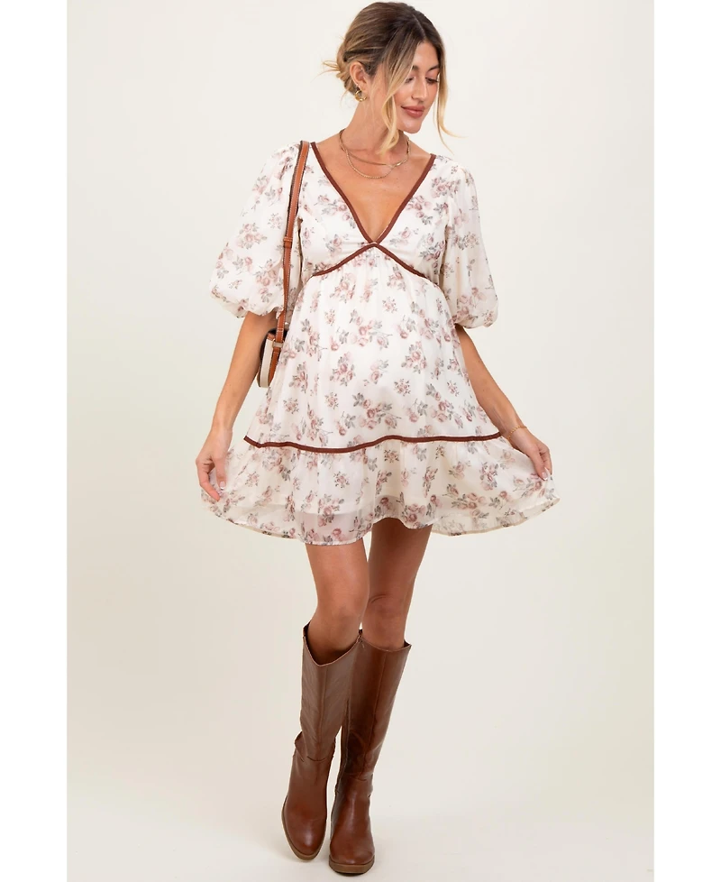 Pinkblush Maternity Cream Floral Deep V-Neck Back Cutout Dress