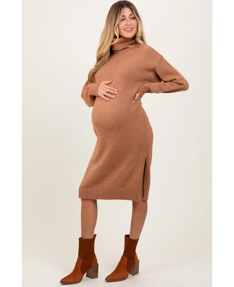 Pinkblush Maternity Camel Turtleneck Side Slit Midi Sweater Dress