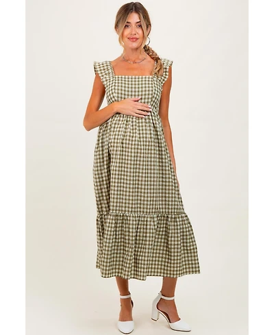 Pinkblush Maternity Olive Gingham Ruffle Strap Midi Dress