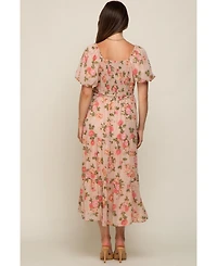 Pinkblush Maternity Pink Floral Button Puff Sleeve Midi Dress
