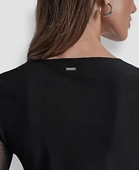 Dkny Jeans Women's Dome Studs Mesh Long Sleeves Slim Fit Top
