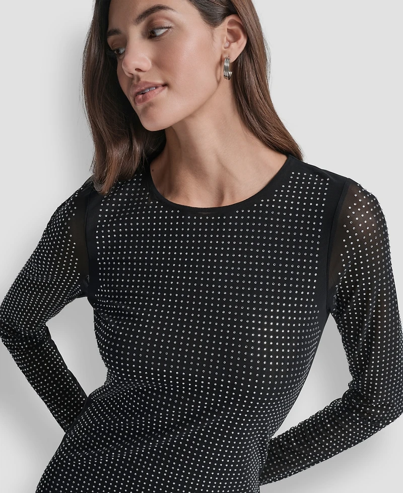 Dkny Jeans Women's Dome Studs Mesh Long Sleeves Dress