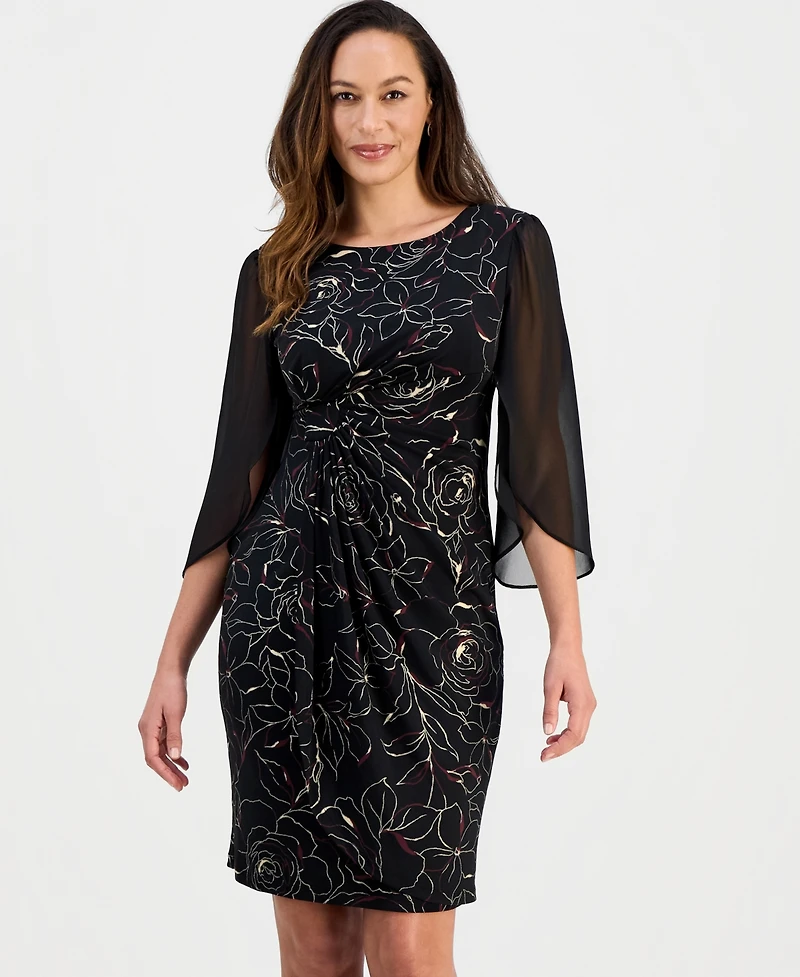 Connected Petite Sheer-Sleeve Printed Sheath Dress