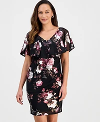 Connected Petite Floral Print Capelet Sheath Dress