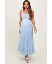 Pinkblush Light Blue Textured Knit Shoulder Tie Maternity Midi Dress