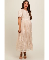 Pinkblush Cream Embroidered Smocked Maternity Midi Dress
