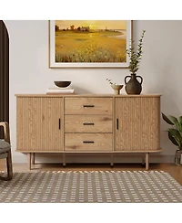 LuxenHome Oak Finish Mdf Wood 3-Drawer Sideboard Cabinet with Sliding Doors & Rounded Corners