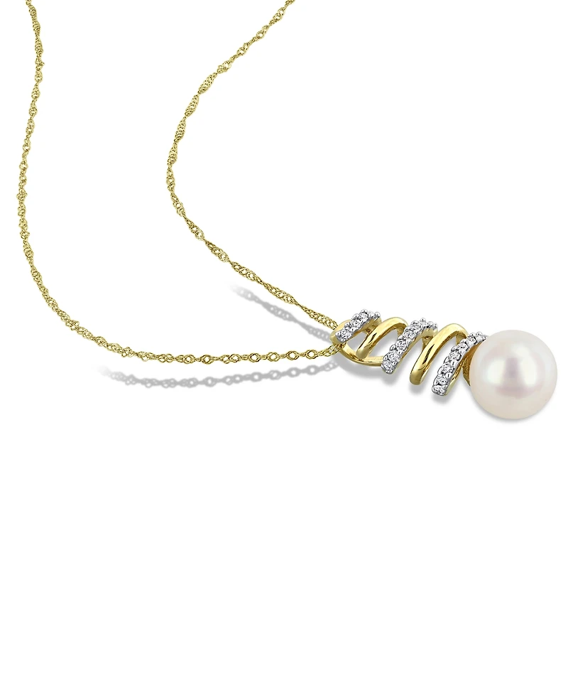 Macy's Cultured Freshwater Pearl (8mm) & Diamond (1/10 ct. t.w.) Spiral 17" Pendant Necklace in 10k Gold