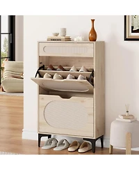 Rattan Shoe Cabinet with 2 Flip Drawers and 1 Pull-Out Drawer, 3-Position Adjustable Shelf, Narrow Shoe Cabinet for Entryway/Porch, Oak