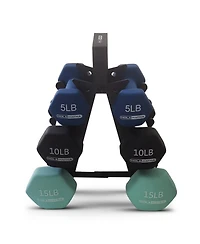 HolaHatha 5, 10, and 15 Lb Neoprene Dumbbell Free Hand Weight Set w/ Rack, Multi