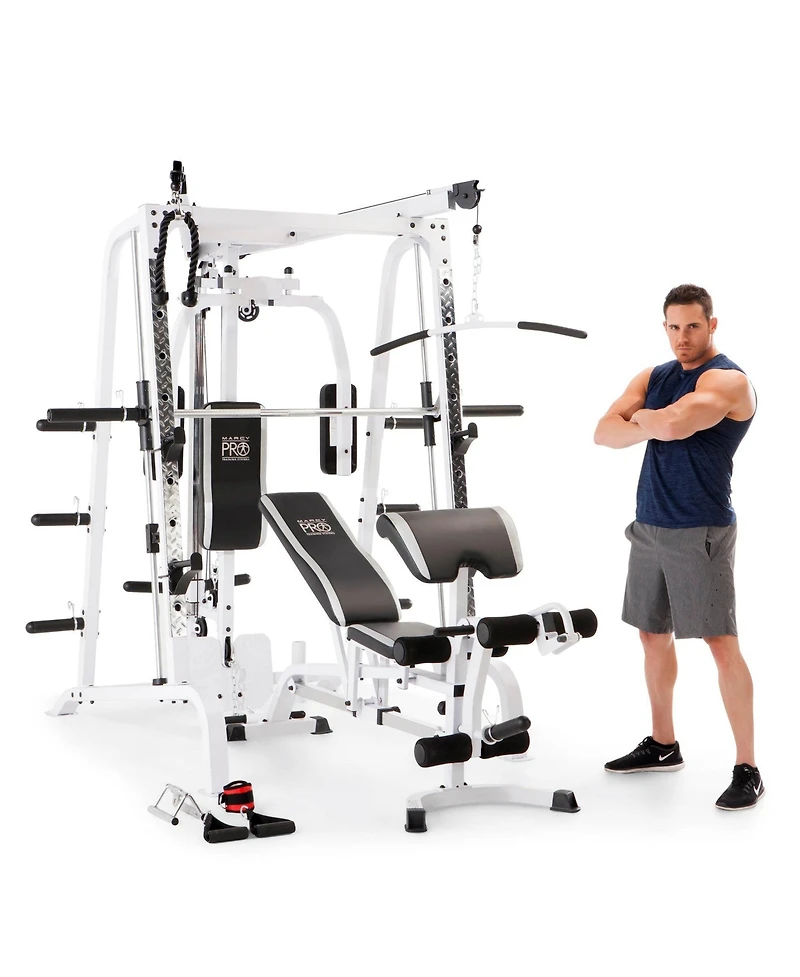 Marcy Pro Smith Cage Workout Machine Total Body Training Home Gym System, White