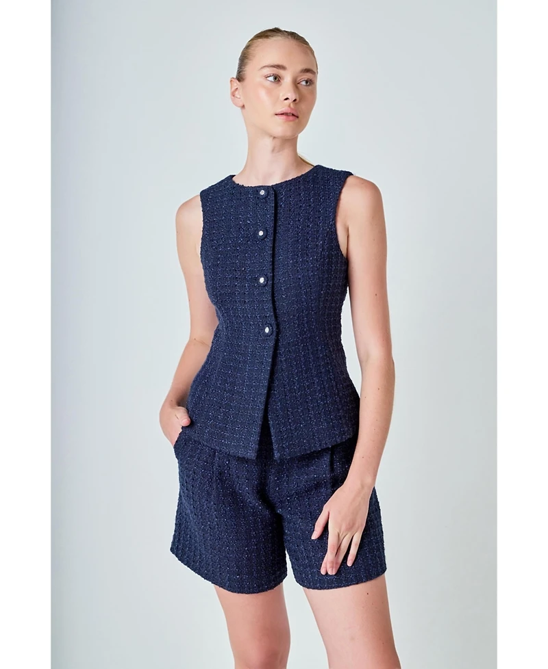 endless rose Women's Tweed Buttoned Sleeveless