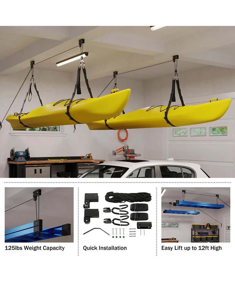 Kayak Hoist Set - Overhead Pulley System for 12-Foot Ceilings - 125lb Capacity Storage for Canoes, Bikes, Ladders, or Kayaks by Rad Sportz (Black)