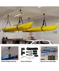 Kayak Hoist Set - Overhead Pulley System for 12-Foot Ceilings - 125lb Capacity Storage for Canoes, Bikes, Ladders, or Kayaks by Rad Sportz (Black)