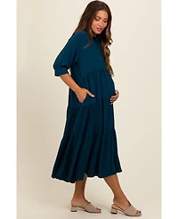 Pinkblush Maternity Dark Teal Collared Button Up Tiered Midi Dress