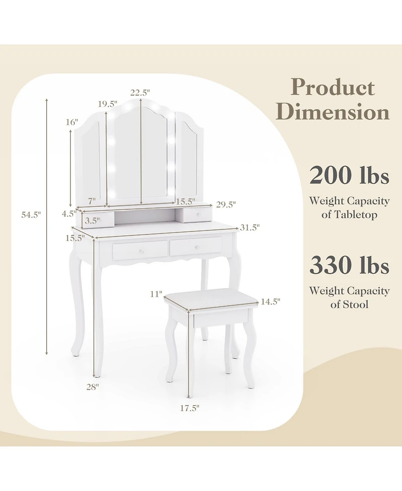 Volenca Makeup Vanity Table Set with Lighted Mirror and Drawers