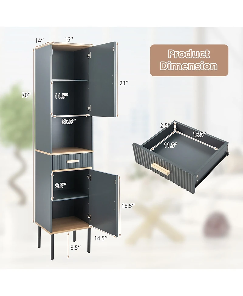 Gymax Tall Bathroom Storage Cabinet Freestanding Narrow Linen Tower w/ Doors & Drawer