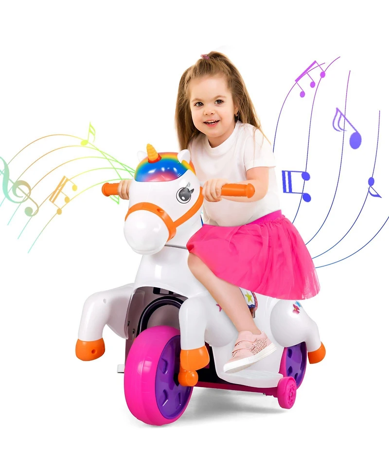 Gymax 12V Kids Ride on Unicorn Toy w/ Training Wheels Music One-button Start & Led Power Display