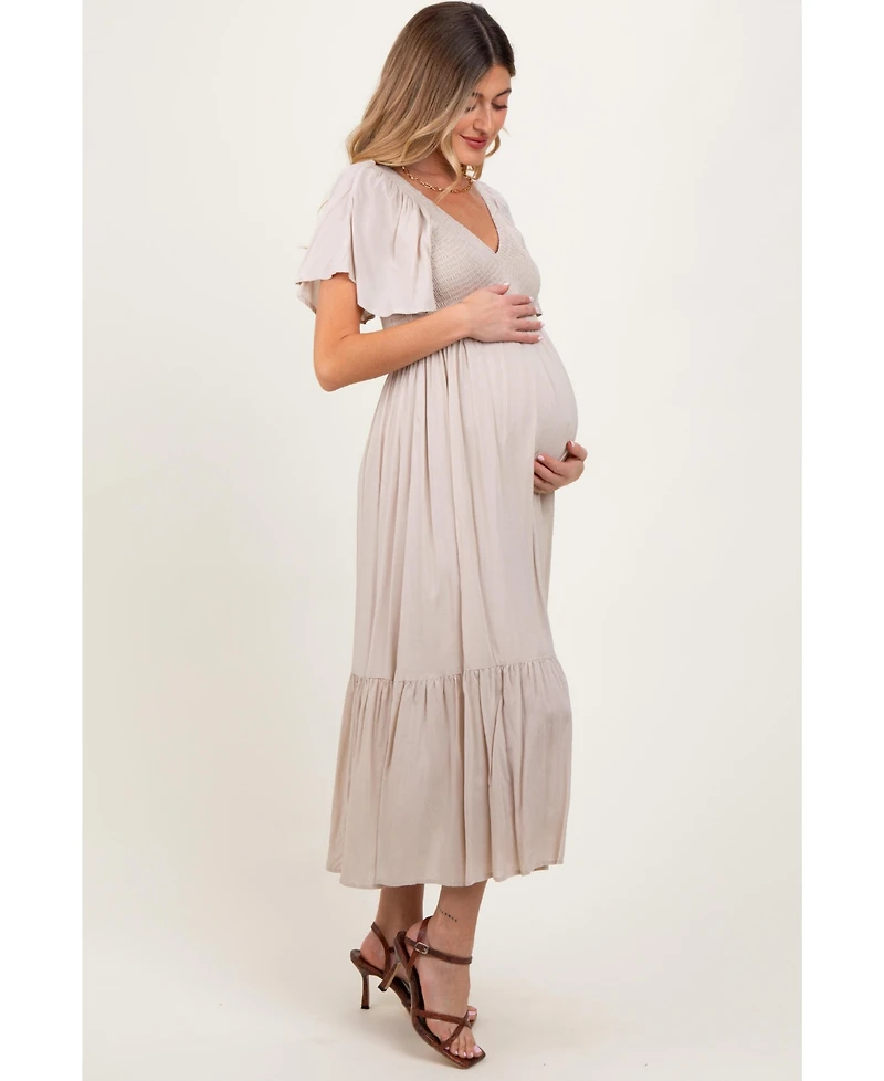 Pinkblush Cream Smocked Flutter Sleeve Midi Dress
