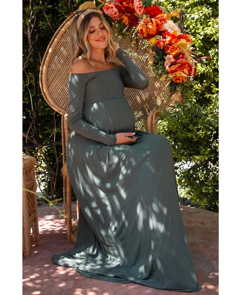 Pinkblush Maternity Olive Solid Off Shoulder Maxi Dress