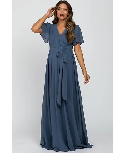 Pinkblush Maternity Blue Chiffon Short Sleeve Maxi Dress