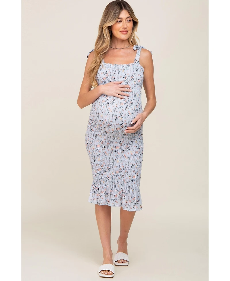 Pinkblush Light Blue Floral Smocked Fitted Maternity Dress
