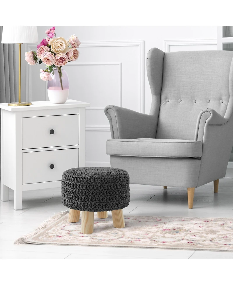 Hand-Knitted Cotton Pouf Ottoman Footstool, 13" Round x 11" High, Boho Accent Footrest with Non-Skid Legs, Foot Stool and Extra Seating