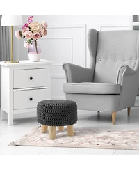 Hand-Knitted Cotton Pouf Ottoman Footstool, 13" Round x 11" High, Boho Accent Footrest with Non-Skid Legs, Foot Stool and Extra Seating