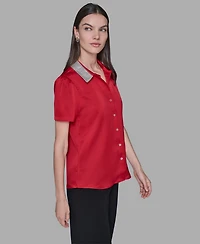 Karl Lagerfeld Paris Women's Collar Embellished Short Sleeve Top
