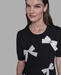 Karl Lagerfeld Paris Women's Short Sleeve Bow Applique Detail Sweater
