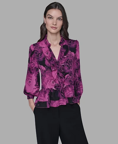Karl Lagerfeld Paris Women's V-Neck Floral Print Ruffle Detail Top