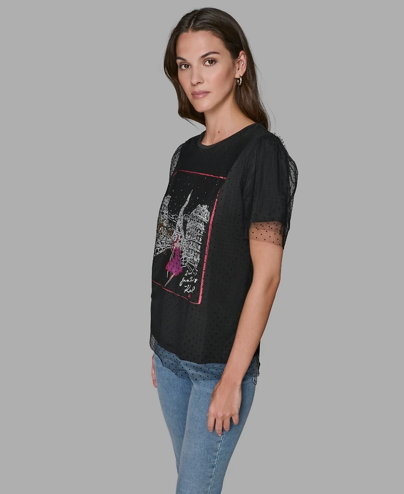 Karl Lagerfeld Paris Women's Crewneck Lace Layer T-Shirt