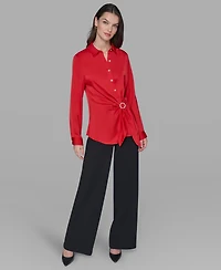 Karl Lagerfeld Paris Women's Long Sleeve Surplice Ring Detail Top