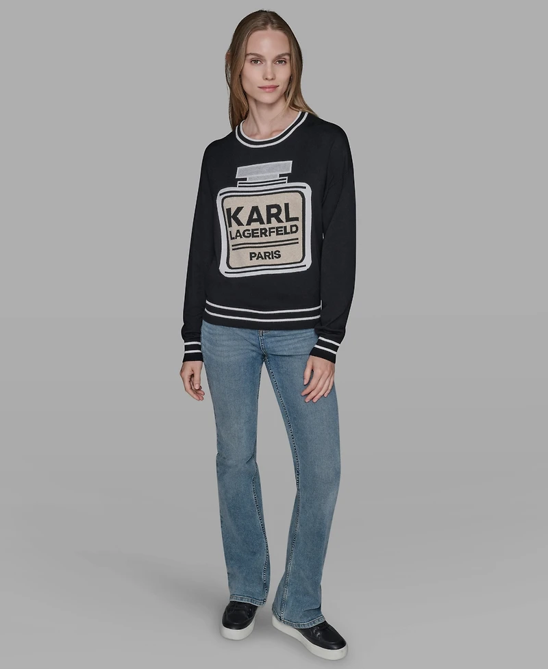 Karl Lagerfeld Paris Women's Crewneck Perfume Bottle Detail Striped Sweater