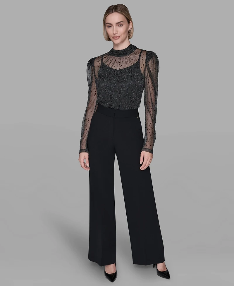 Karl Lagerfeld Paris Women's Metallic Mesh High Neck Top