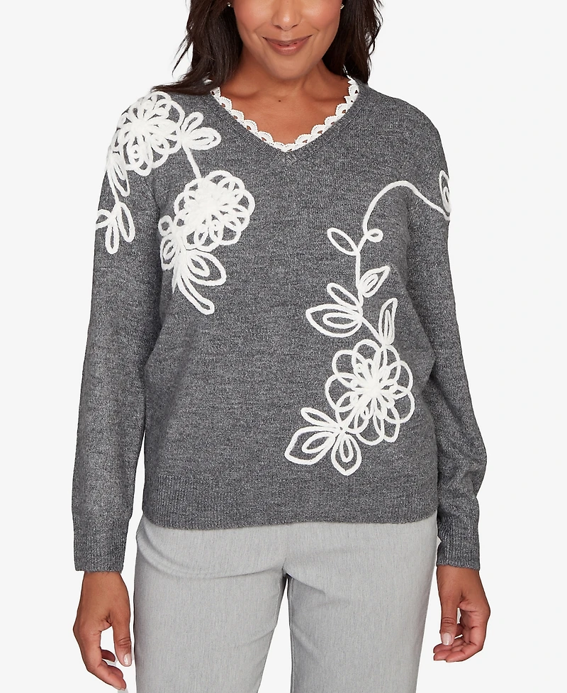 Alfred Dunner Stockbridge Ruffle V-Neck Floral Soutache Sweater