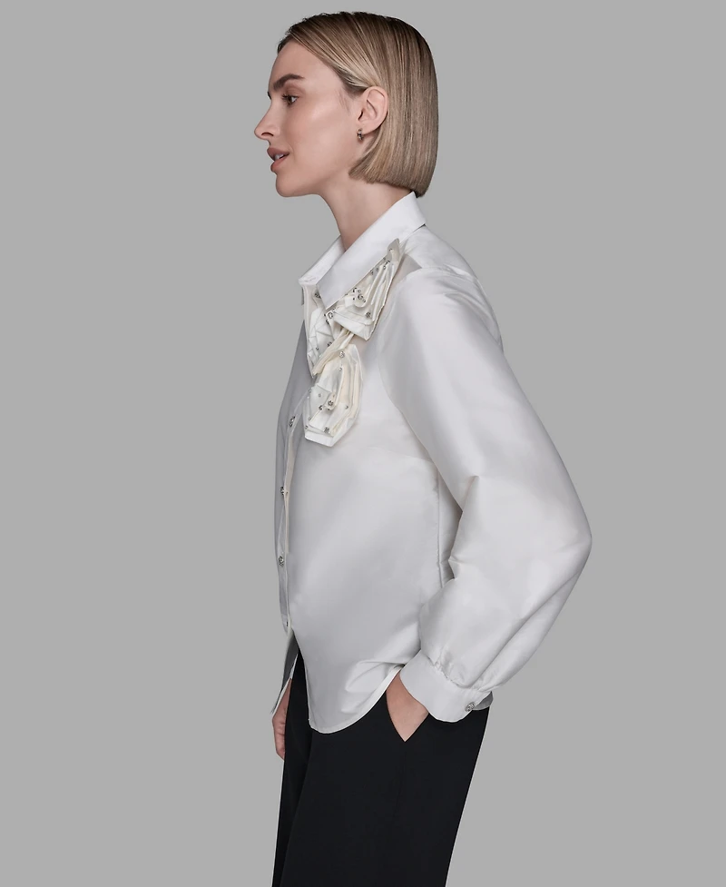 Karl Lagerfeld Paris Women's Collar Rose Applique Detail Top