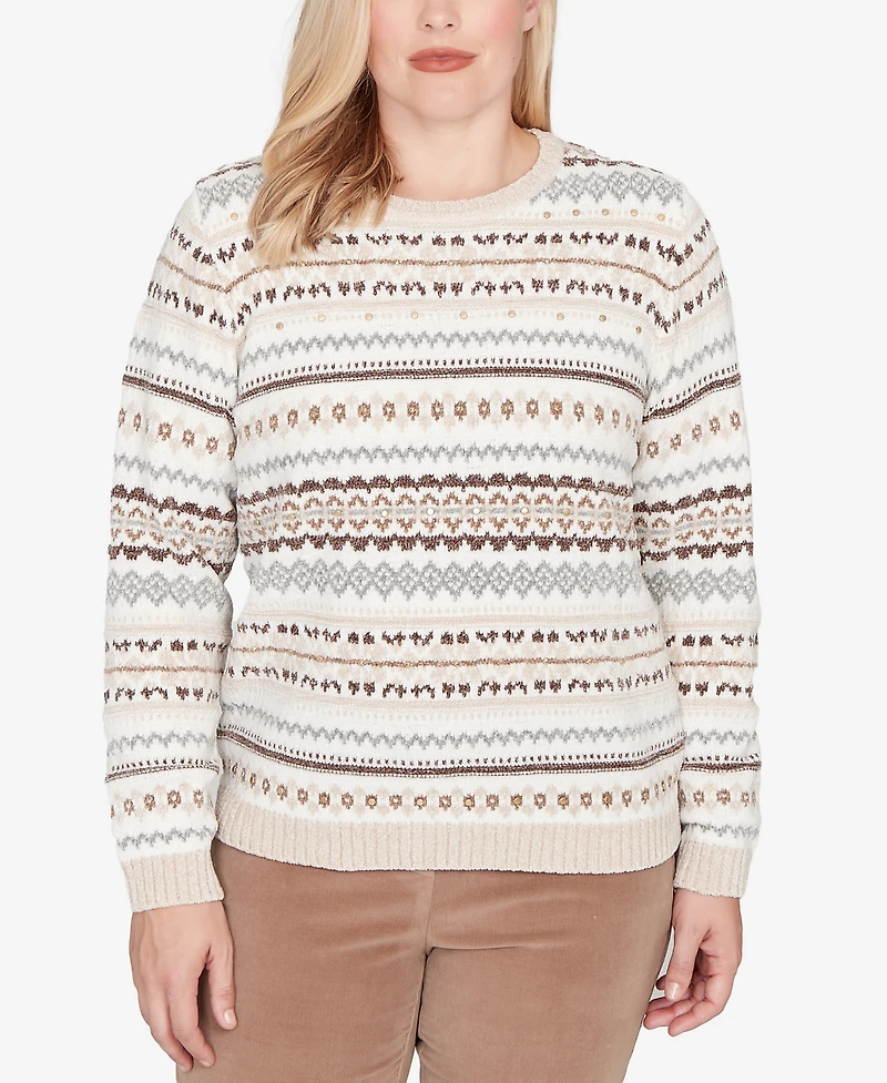 Alfred Dunner Vienna Geometric Biadere Striped Chenille Sweater