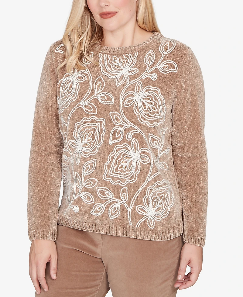 Alfred Dunner Vienna Stitched Leaf Detail Chenille Sweater