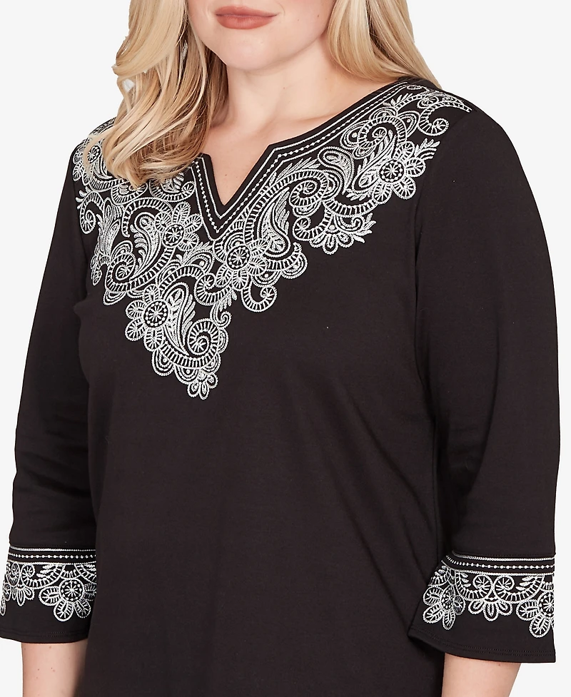 Alfred Dunner Barcelona Embroidered Scroll Accent Soft Knit Top
