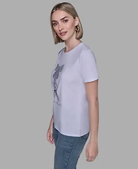 Karl Lagerfeld Paris Women's Crewneck Embellished Bow Eiffel Tower T-Shirt