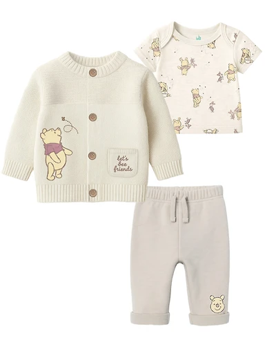 Disney Baby Boys or Girls 3-Piece Pooh Cardigan, Top and Pants Set