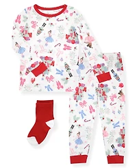 Max & Olivia 12M-5T Girls 3-Piece Snug Fit Holiday Long Sleeve T-Shirt, Pants and Socks Pajama Set