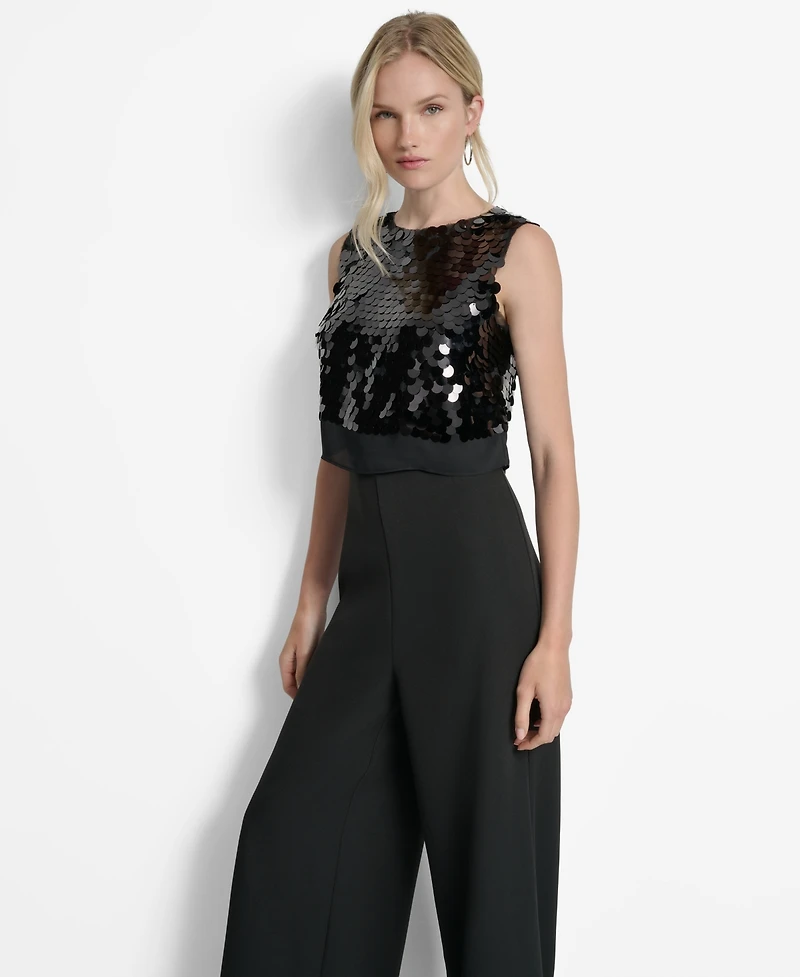 Dkny Women's Sleeveless Sequin Overlay Wide Leg Ankle Jumpsuit