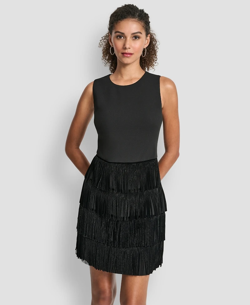 Dkny Women's Sleeveless Tiered Studded Fringe Shift Dress