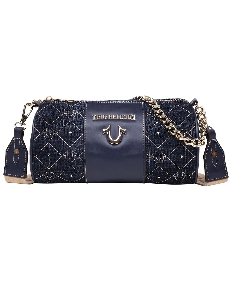 True Religion Studded Denim Zip Top Barrel Bag